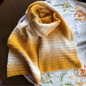 Oversized Hand Crocheted Chunky Scarf. Ecru/ Mustard Golden. 86"x 12"